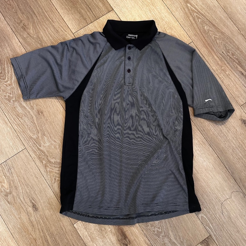 Slazenger Mens Golf Polo Shirt Medium Black Grey Striped Wicking Performance